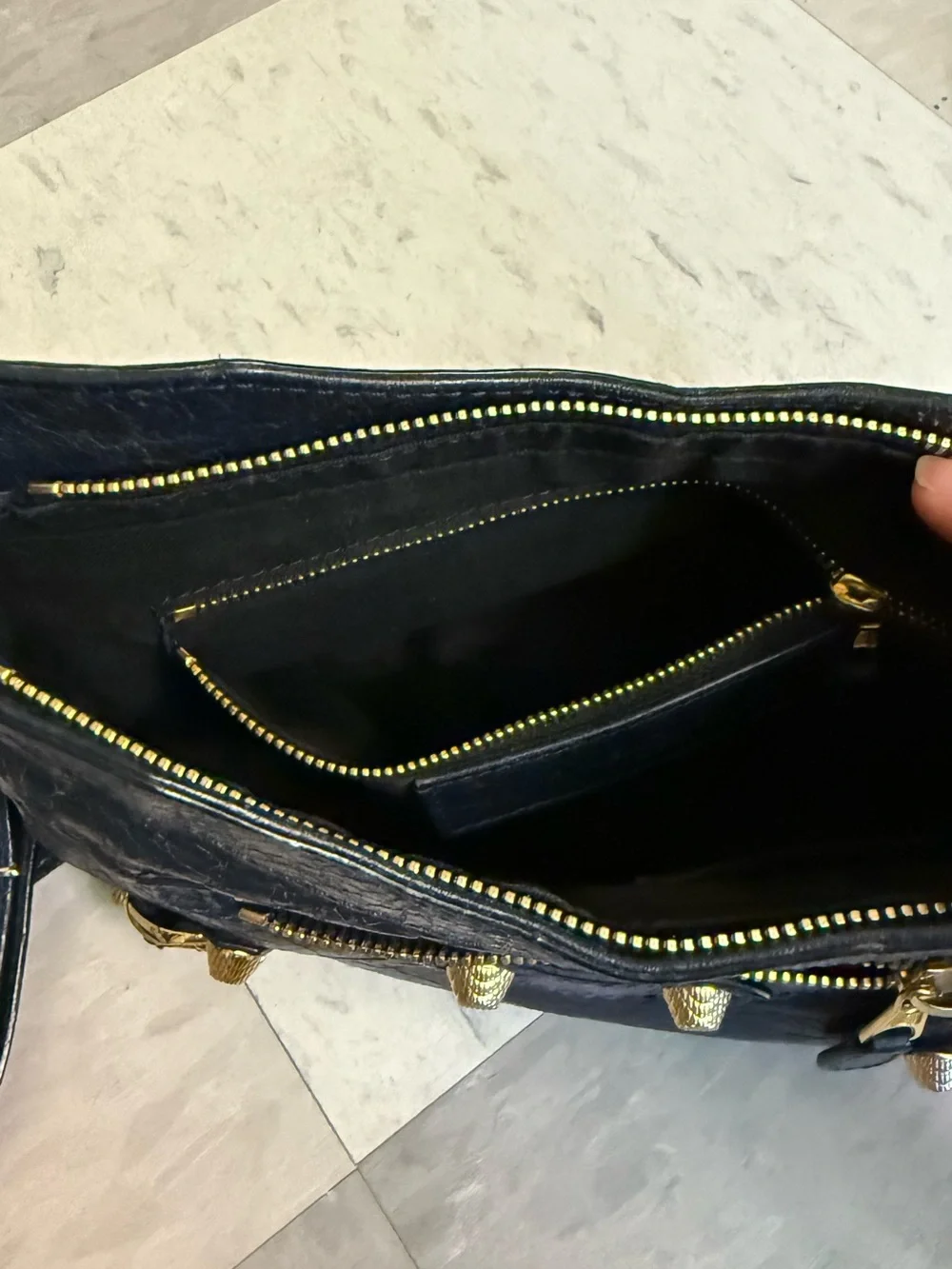 Authentic Balenciaga Navy Leather Crossbody with Gold Hardware Accents